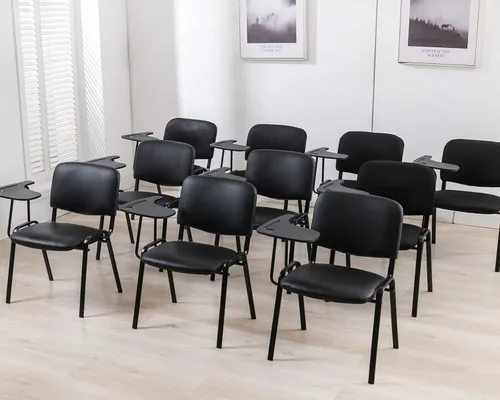 Vista 2 de HNY Juego de 5 sillas negras con brazo para tableta, cómodas de poliuretano, para oficina, sala de espera, apilables, sillas de recepción con mesa
