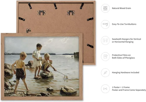 Vista 2 de Monem Art - Póster de pintura vintage para niños jugando en la orilla, impresión retro para niños, arte de playa, arte de velero, arte costero