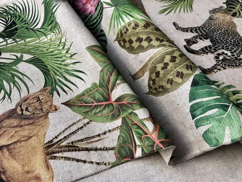 Vista 7 de Safari Zoo - Tela con estampado digital de animales africanos, selva tropical, palmera, hoja de flores, aspecto de lino, 54 pulgadas de ancho