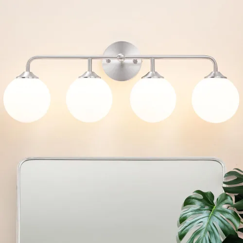 Vista 12 de Luces modernas de tocador de baño de níquel cepillado de 2 luces, accesorios de iluminación de baño sobre espejo con pantalla de globo de vidrio