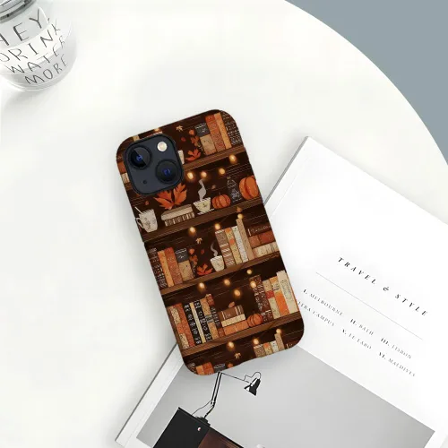 Vista 6 de Compatible con iPhone 13, Funda para teléfono duradera y a prueba de golpes con diseño de estantería de otoño - Calabaza de otoño Otoño Otoño