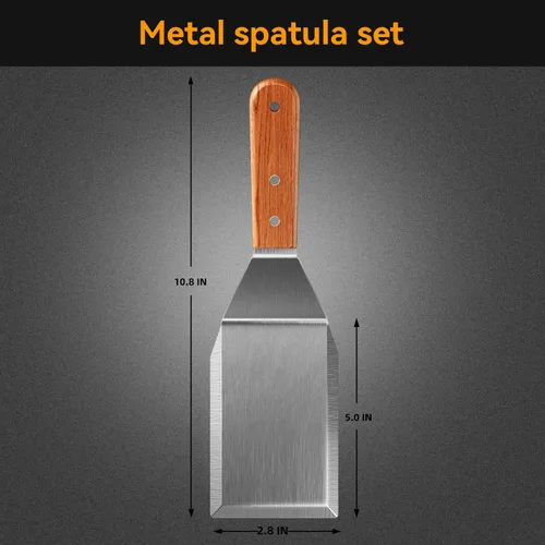 Vista 2 de Espátula para plancha, espátula de metal para sartén de hierro fundido, espátulas de acero inoxidable con mango de madera cómodo, espátula