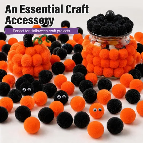 Vista 4 de Veroave Pompones negros, 150 pompones de 1 pulgada para manualidades, bolas de soplo, manualidades y manualidades para decoración de manualidades