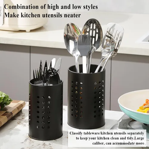 Vista 4 de Evanda Soporte para utensilios de cocina para encimera, paquete de 2, organizador de utensilios de acero inoxidable negro, organizador elegante