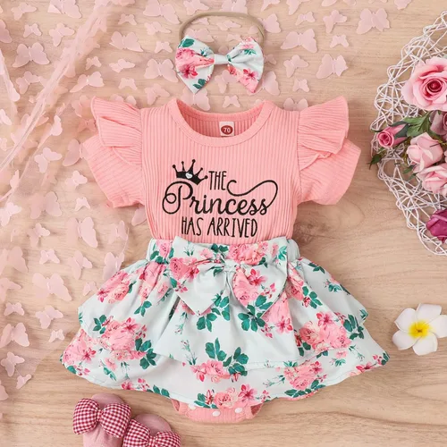 Vista 2 de Traje de verano para bebé recién nacido, ropa floral de manga corta con volantes, diadema