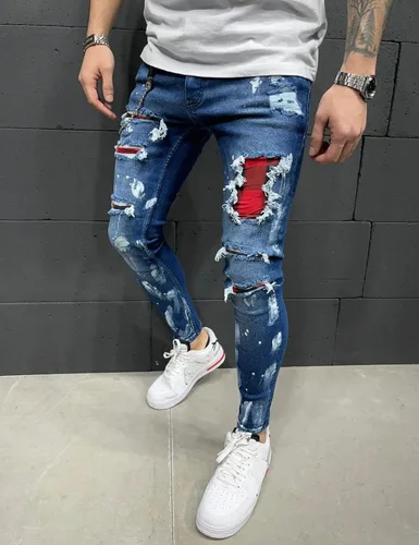 Vista 2 de IDEALSANXUN Jeans ajustados elásticos para hombre, con patrón de corte ajustado y rasgados