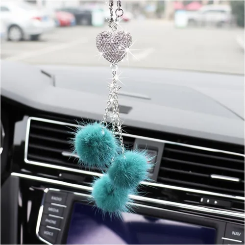 Vista 17 de Ziciner Accesorios de Interior de Coche con Diamantes Brillantes en Forma de Corazón - Adorno Colgante de Corazón y Bola de Felpa Rosa, Encanto