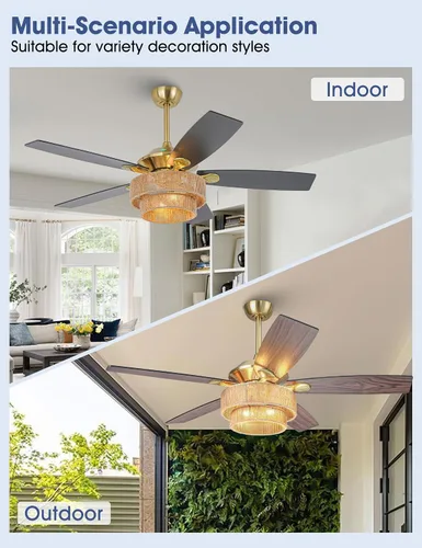 Vista 4 de Parrot Uncle Ventiladores de techo con luces y control remoto, ventilador de techo rústico de 52 pulgadas para dormitorio, ventiladores de techo al