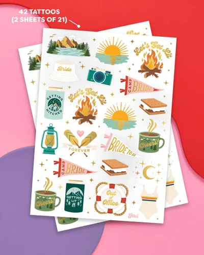 Vista 2 de xo, Fetti Tatuajes temporales de despedida de soltera – 42 estilos de lámina dorada Decoración de despedida de soltera glamping, accesorio