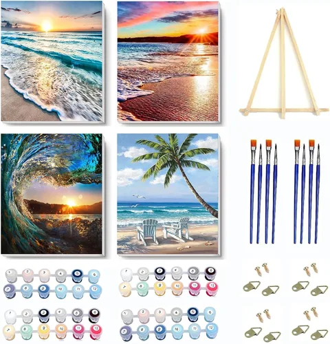 Vista 13 de VIGEGU Paquete de 4 pinturas por números para adultos, lienzo enmarcado, con caballete de madera, pintura por números para niños de 8 a 12 años