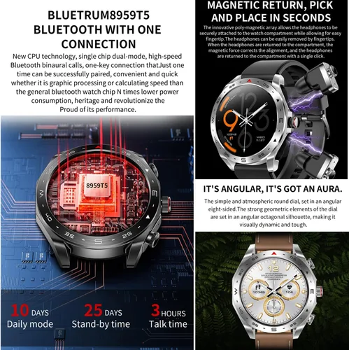 Vista 6 de Reloj inteligente T95 con auriculares para iPhone, Android, teléfonos inteligentes de 1.52 pulgadas, redondo, Bluetooth, llamadas, reloj Negro