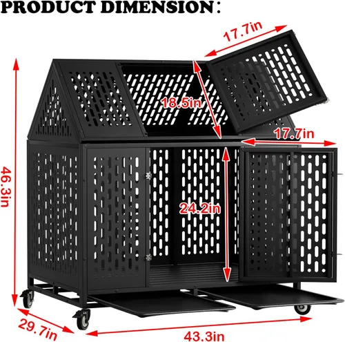 Vista 6 de Jaula para perros resistente de 44 pulgadas con pestillo resistente, perrera de acero grande indestructible con diseño de techo puntiagudo, jaula