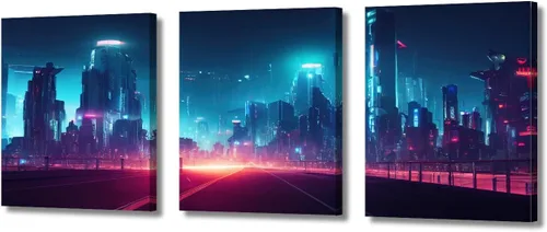 Vista 79 de Cuadros de 3 paneles de Cyberpunk City - Arte de pared de vallas publicitarias de edificios modernos en la capital con obras de arte modernas