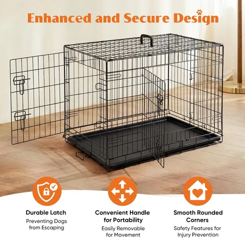 Vista 2 de Sweetcrispy - Jaula grande para perros con panel divisor, de 91 cm, de doble puerta, plegable, de alambre de metal, con bandeja antiderrame