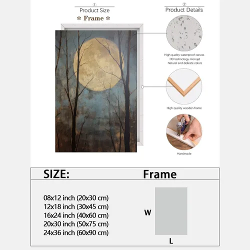 Vista 2 de WLZWD Arte de pared vintage de luna llena, impresión artística mística de bosque de medianoche, arte de academia oscura, póster estético, pintura