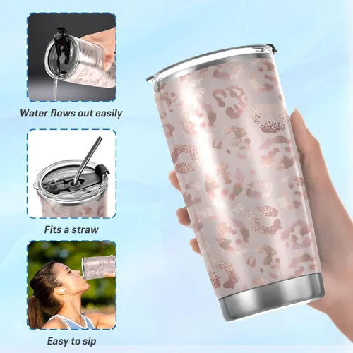 Vista 6 de Vaso de acero inoxidable aislado al vacío de doble pared, simple termo con estampado de leopardo, guepardo, oro rosa, taza de viaje para café