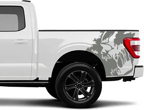 Vista 2 de Calcomanía de vinilo para cama con diseño de calavera compatible con Ford F150 2021-2023 (par) (negro brillante)