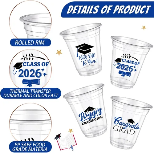 Vista 4 de Eaasty 200 tazas de graduación de 12 onzas 2026 vasos de plástico desechables para la clase de 2026, fiesta de graduación, felicitaciones, Azul