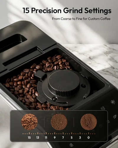Vista 6 de EUHOMY Máquina de café espresso totalmente automática, cafetera de 20 barras con molinillo y espumador de leche integrado, máquina de café