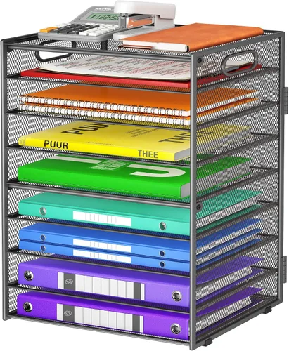 Vista 14 de Cawukege Organizador de papel de 9 niveles con asa, organizador de escritorio de gran capacidad, carpeta de archivos de malla, bandeja de papel