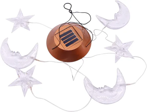 Vista 2 de Campanilla de viento LED solar de luna y estrella, cambiante de color, impermeable, seis luces colgantes, campanillas de viento, móvil solar