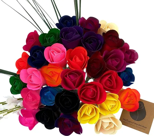 Vista 17 de Ramos originales de rosas de madera en 1, 2, o 3 docenas, Madera de abedul, Todo rojo, 1 Docena