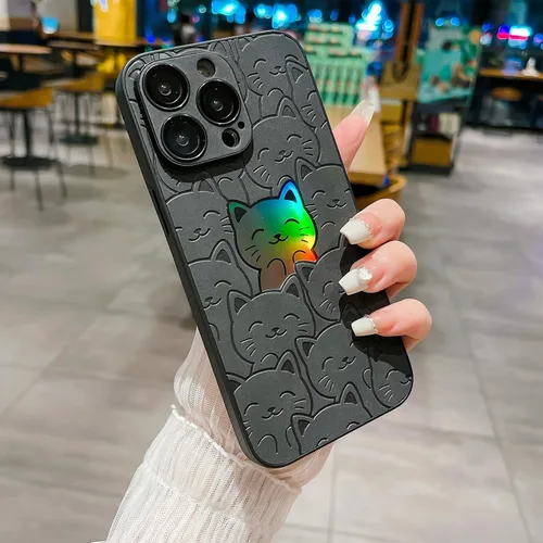 Vista 4 de Funda para iPhone 15 Pro, lindo patrón de gato láser, protección completa de lente de cámara, carcasa trasera de policarbonato duro a prueba