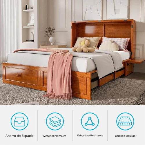 Vista 9 de Mjkone Murphy - Cama Queen con colchón incluido, cama Murphy con estación de carga USB y cajón de almacenamiento, armario móvil Murphy para sala