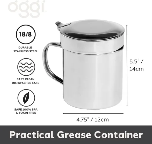 Vista 2 de Oggi 7324 Recipiente de acero inoxidable para aceite con filtro extraíble, 1 qt, 1 Cuarto de galón, Stainless