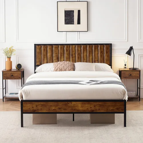 Vista 3 de IDEALHOUSE Base de cama Queen con cabecera de madera, marco de cama de metal con plataforma Queen con 14 listones de acero resistente, más