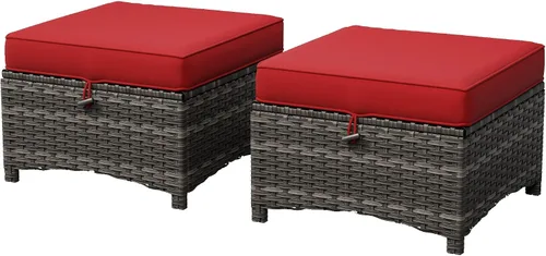 Vista 11 de Juego de 2 otomanas para patio, 22 x 22 x 18 pulgadas, reposapiés de mimbre para exteriores con cojín, beige, para jardín, patio trasero, cubierta
