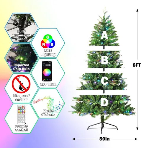 Vista 2 de Árbol de Navidad preiluminado de 8 pies con 470 luces LED, árbol de Navidad artificial con luces RGB multicolor controladas por aplicación, 1755