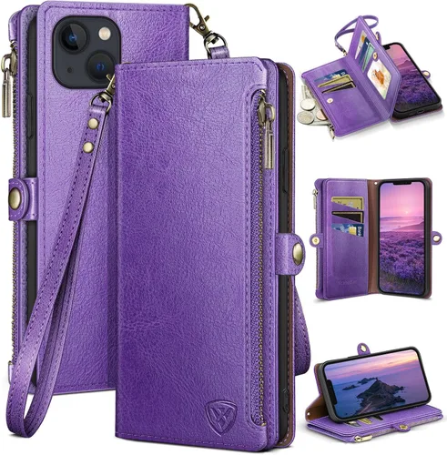 Vista 11 de XcaseBar Funda tipo cartera para iPhone 14 Plus de 6.7 pulgadas con cremallera y tarjetero de crédito [bloqueo RFID], funda de piel sintética