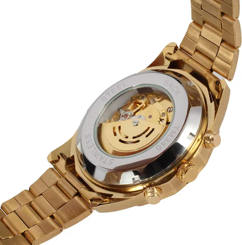 Vista 5 de FORSINING Reloj de pulsera redondo analógico automático para hombre con pulsera de acero inoxidable, Oro, Moderno