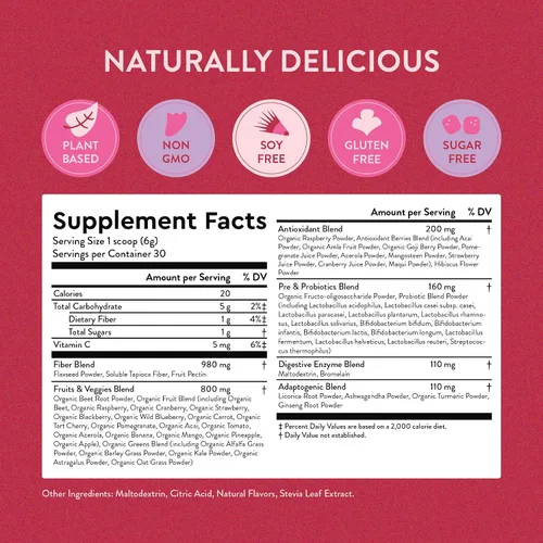 Vista 5 de 360 Nutrition Mezcla con beneficios Rojos y superalimentos para antioxidantes naturales y polifenoles, con frutas y verduras, digestión