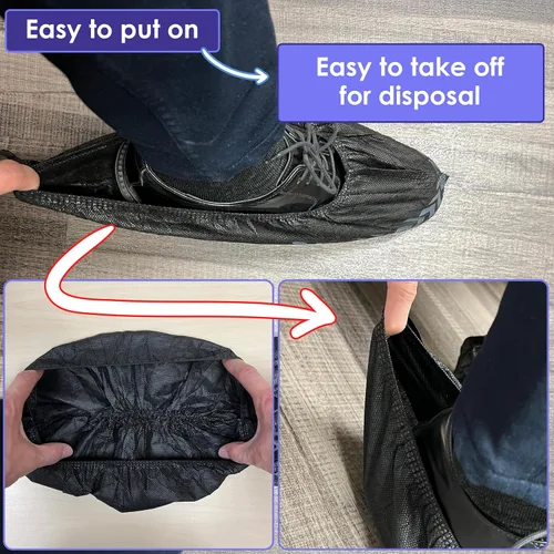 Vista 7 de Paquete de 100 fundas negras desechables extragrandes para botas y zapatos. Botines reutilizables resistentes al agua duraderos con peldaños