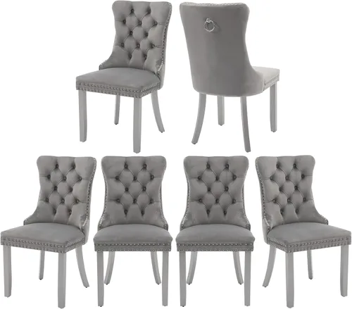 Vista 16 de Juego de 2 sillas de comedor de terciopelo, silla de comedor tapizada de alta gama con tirador de anillo en la espalda, adorno de clavos y patas