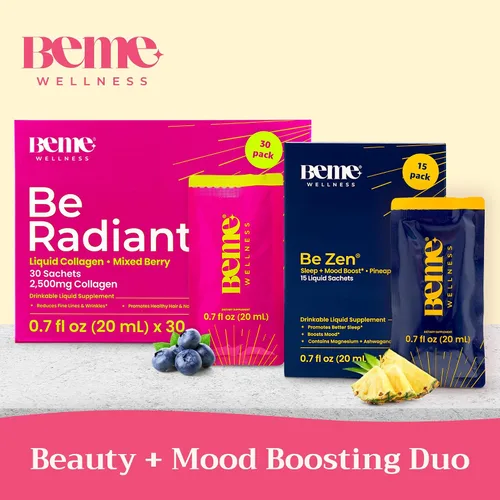 Vista 2 de BeMe BeRadiant Berry & BeZen Bundle - Suplementos líquidos de colágeno y glicinato de magnesio L-teanina