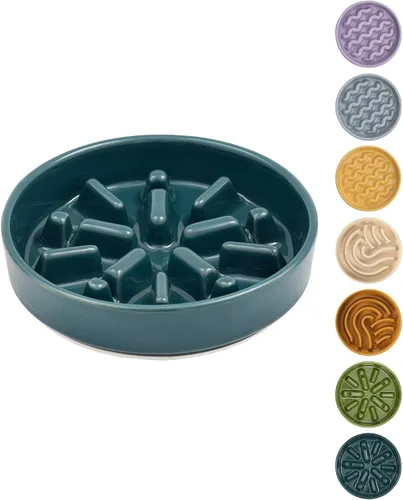 Vista 12 de Comedero de cerámica con laberinto para perros de alimentación lenta con borde de silicona antideslizante – Tazón de gres resistente
