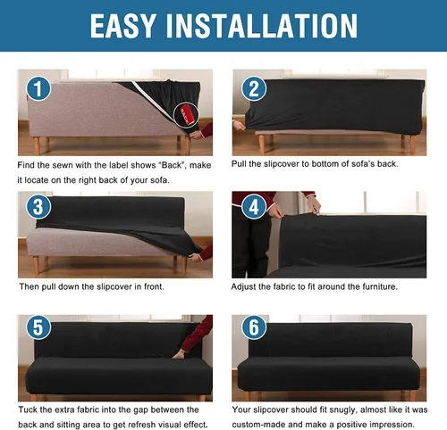 Vista 6 de IMYOGI Fundas de terciopelo para sofá sin brazos, fundas elásticas para sofá cama, fundas súper suaves, protector de muebles antideslizante con Negro