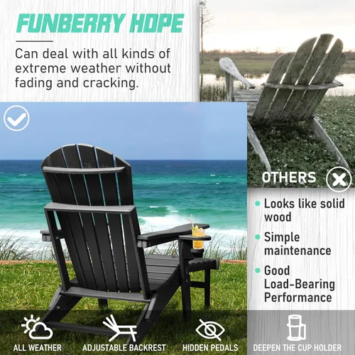 Vista 5 de Oversized Adjustable Folding Adirondack Chairs Set of 2 with Ottoman 400LBS Negro