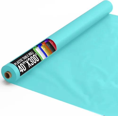 Vista 95 de Exquisito rollo de mantel de mesa de plástico aqua de Party Solids 4 piezas 40" X 300' Rollo de mantel de mesa de plástico - Rollos de mantel