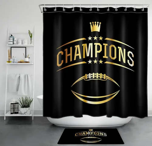 Vista 29 de LB Cortina de ducha de fútbol americano, juego deportivo, acuarela, fondo negro, cortina de baño de dibujos animados, tela de poliéster decorativa