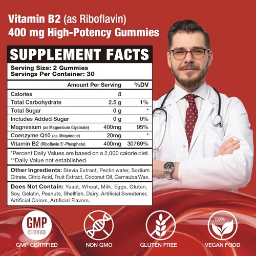 Vista 2 de Gomitas de riboflavina con vitamina B2 de 400 mg para apoyo energético y metabolismo, gomitas veganas con sabor a fresas, sin OMG, sin gluten, 120