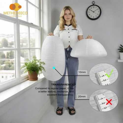 Vista 6 de METHEDEECO Faroles de papel blanco de 19+21 pulgadas, 2 unidades, lámpara de papel de arroz grande, pantalla colgante semicircular y elíptica