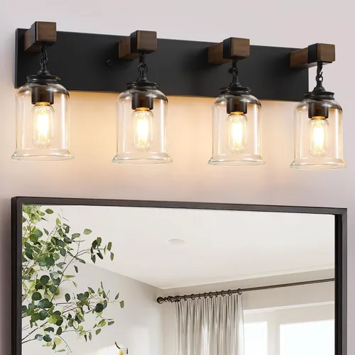 Vista 11 de VbiTmn Accesorios de Iluminación para Baño Estilo Granja, Lámpara de Tocador para Baño de 2 Luces Negro Mate, Estilo Industrial con Pantallas