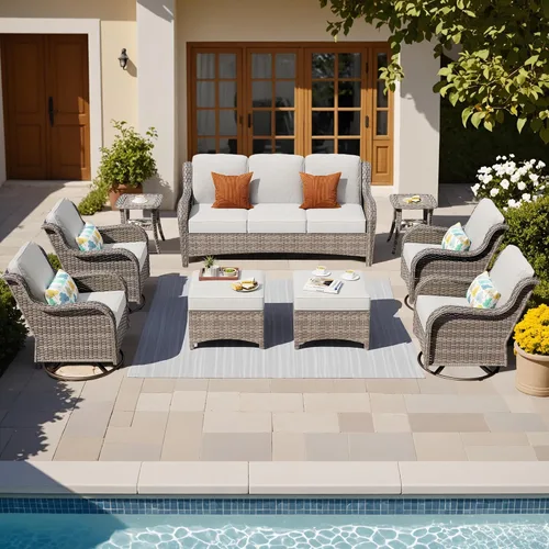 Vista 39 de Juego de muebles de exterior para patio, silla y sofá (ratán marrón, beige, 3 piezas)