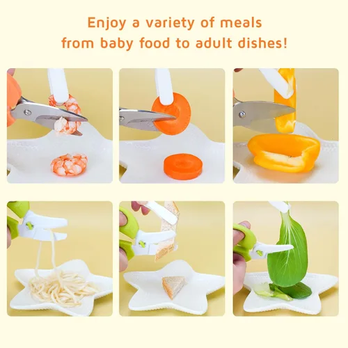 Vista 2 de Juego de tijeras de comida para bebés, tijeras de cocina portátiles de seguridad con estuche de viaje portátil, juego de tijeras de alimentos