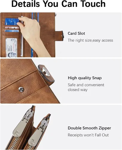 Vista 5 de BOSTANTEN Carteras de cuero para mujer con bloqueo RFID de gran capacidad, tarjetero triple para mujer
