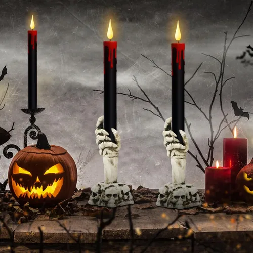 Vista 2 de GenSwin Velas cónicas sin llama de Halloween en negro con candelabros de mano de fantasma y temporizador remoto, 2 piezas de velas cónicas operadas